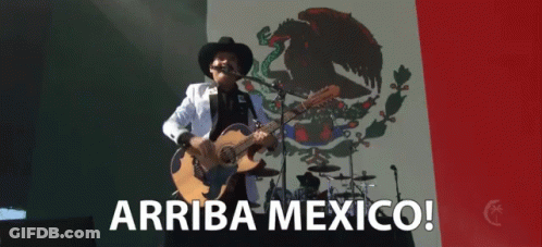 A Man Playing A Guitar In Front Of A Mexican Flag With The Words " Arriba Mexico " On The Bottom GIF