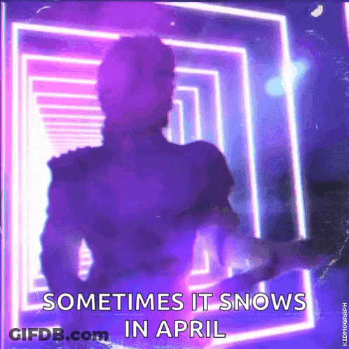 A Man Playing A Guitar In Front Of A Neon Sign That Says ' Sometimes It Snows In April ' GIF