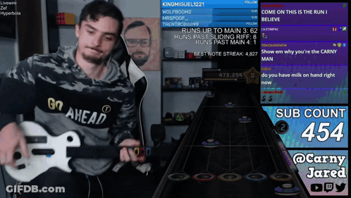 A Man Playing A Guitar In Front Of A Screen That Says " Go Ahead " GIF
