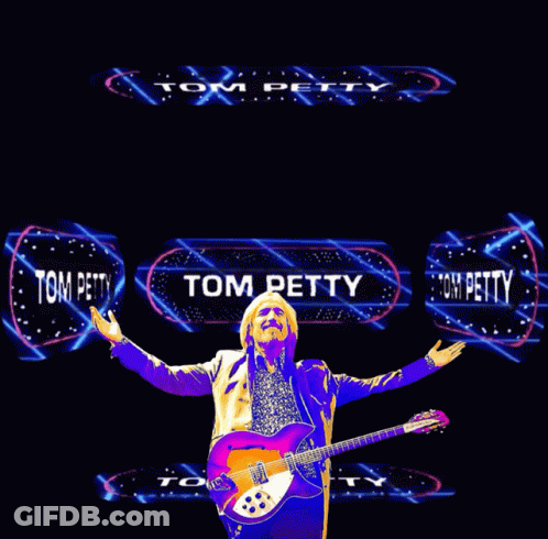 A Man Playing A Guitar In Front Of A Tom Petty Logo GIF