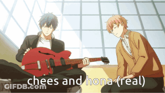 A Man Playing A Guitar Next To Another Man Who Says Chees And Hona GIF