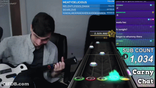 A Man Playing A Guitar On A Screen That Says Sub Count 1,034 GIF