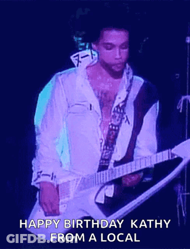 A Man Playing A Guitar With The Words Happy Birthday Kathy From A Local Above Him GIF