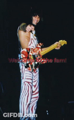 A Man Playing A Guitar With The Words Welcome To The Fam On The Bottom Right GIF