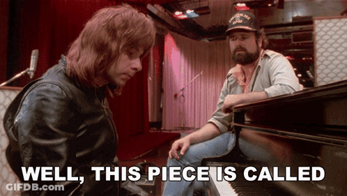 A Man Playing A Piano Next To Another Man With The Words Well This Piece Is Called GIF