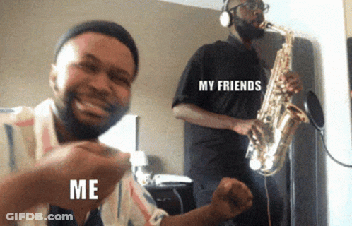 A Man Playing A Saxophone With A Shirt That Says " My Friends " GIF