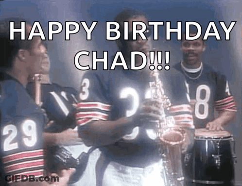 A Man Playing A Saxophone With The Words Happy Birthday Chad Written On It GIF