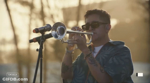 A Man Playing A Trumpet In Front Of A Microphone With A Cancel Button In The Corner GIF