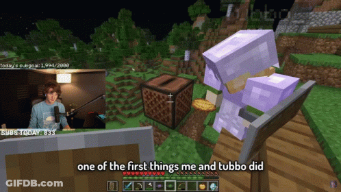 A Man Playing A Video Game With The Words One Of The First Things Me And Tubbo Did On The Bottom GIF