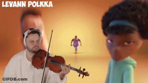 A Man Playing A Violin In Front Of A Girl With The Name Levann Polkka On The Bottom GIF