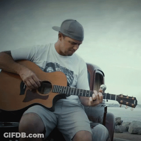 A Man Playing An Acoustic Guitar With A Taylor Logo On It GIF