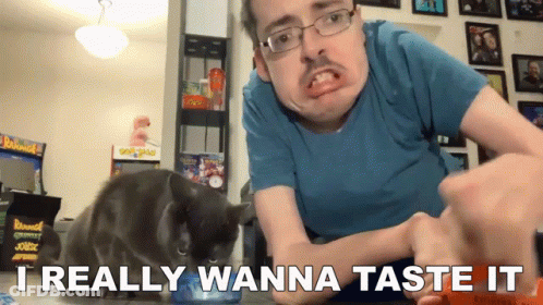 A Man Playing With A Cat With The Words I Really Wanna Taste It Below Him GIF