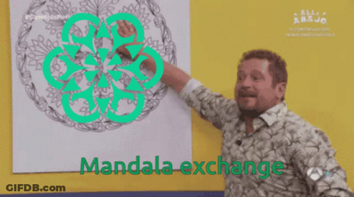 A Man Pointing At A Drawing With The Words Mandala Exchange Above Him GIF