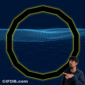 A Man Pointing At A Yellow Circle In The Middle Of A Blue Background GIF