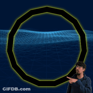 A Man Pointing At A Yellow Circle In The Middle Of A Blue Background GIF