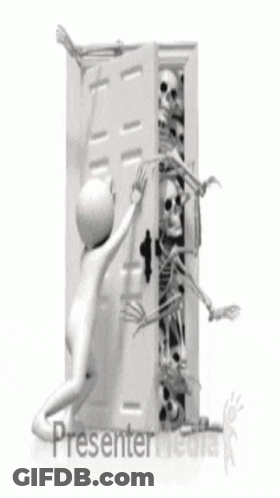 A Man Pushing A Door With A Skeleton Coming Out GIF