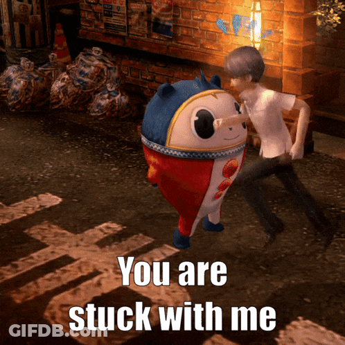 A Man Pushing A Stuffed Animal That Says " You Are Stuck With Me " GIF