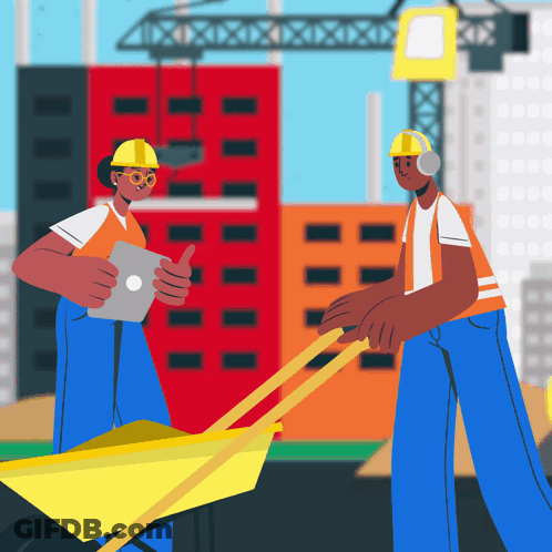 A Man Pushing A Wheelbarrow While Another Man Looks At A Tablet GIF