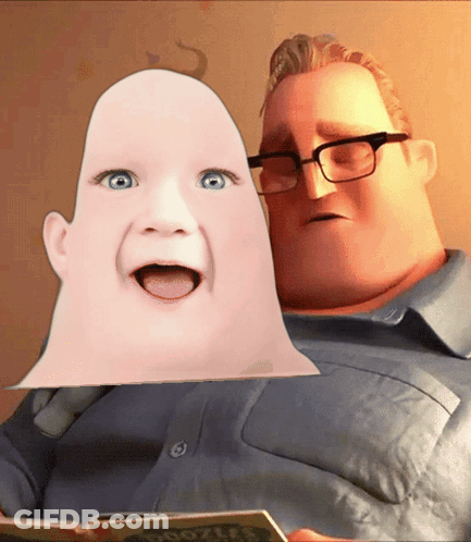 A Man Reading A Book Next To A Baby That Looks Like A Cartoon Character GIF