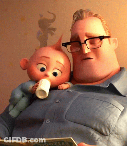 A Man Reading A Book While Holding A Baby With A Bottle In His Hand GIF
