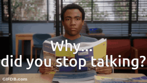 A Man Reading A Book With The Words Why Did You Stop Talking Above Him GIF