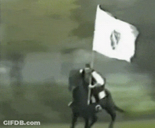 A Man Riding A Horse Holding A White Flag With The Letter S On It GIF