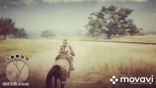 A Man Riding A Horse In A Video Game With A Movado Logo GIF