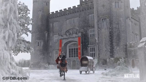 A Man Riding A Horse In Front Of A Castle With The Word Netflix On The Bottom GIF
