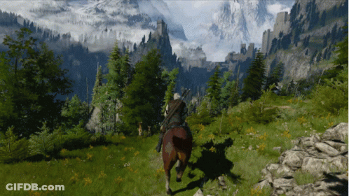 A Man Riding A Horse In The Mountains With A Castle In The Background GIF