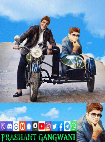 A Man Riding A Motorcycle Next To Another Man In A Sidecar With The Name Prashant Gangwani At The Top GIF