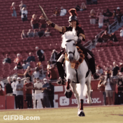 A Man Riding A White Horse Holding A Sword In Front Of A Reebok Sign GIF