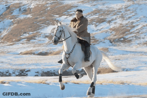A Man Riding A White Horse On A Snowy Hillside GIF