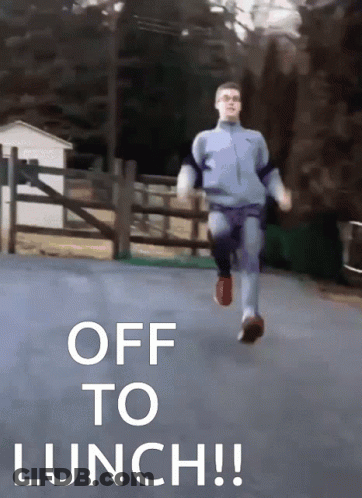 A Man Running Down A Road With The Words Off To Lunch GIF