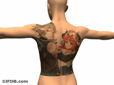 A Man 'S Back Has A Tattoo Of A Man And A Woman GIF
