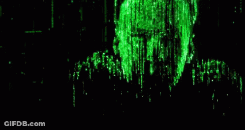 A Man 'S Face Is Surrounded By Green Matrix Numbers . GIF