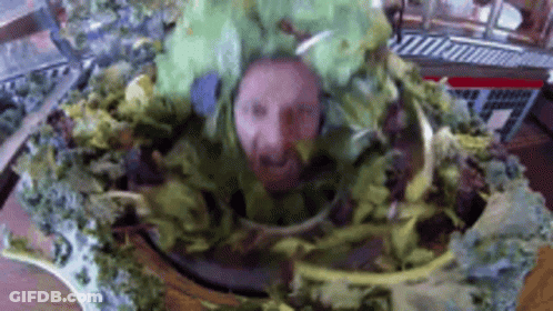 A Man 'S Head Is Surrounded By Lettuce Leaves On A Plate . GIF