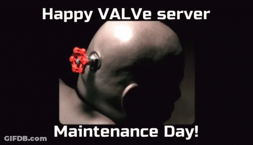 A Man 'S Head With A Valve In It And The Words Happy Valve Server Maintenance Day Below It GIF