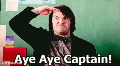 A Man Salutes In Front Of A Chalkboard With The Words Aye Aye Captain Written On It GIF