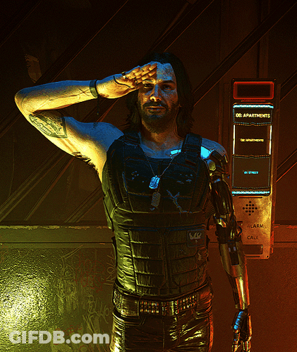 A Man Salutes In Front Of A Display That Says Apartments GIF