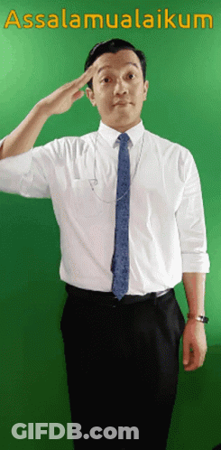 A Man Salutes In Front Of A Green Background With The Words Assalamualaikum GIF