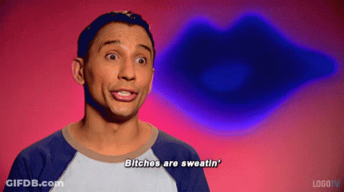 A Man Says " Bitches Are Sweatin ' " In Front Of A Blue Lip GIF