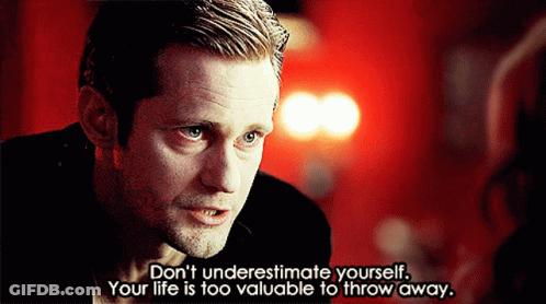 A Man Says " Don 'T Underestimate Yourself " In Front Of A Red Background GIF