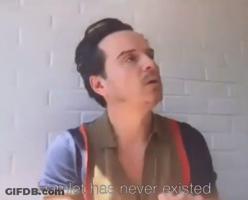 A Man Says Hamlet Has Never Existed While Standing In Front Of A Brick Wall GIF