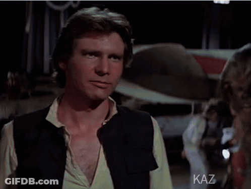 A Man Says Han May The Force Be With You In Yellow Letters GIF