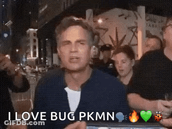 A Man Says I Love Bug Pkmn In A Crowd Of People GIF