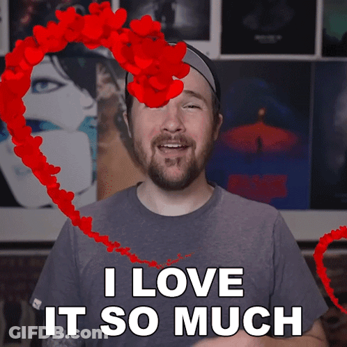 A Man Says I Love It So Much With Hearts Coming Out Of His Eyes GIF