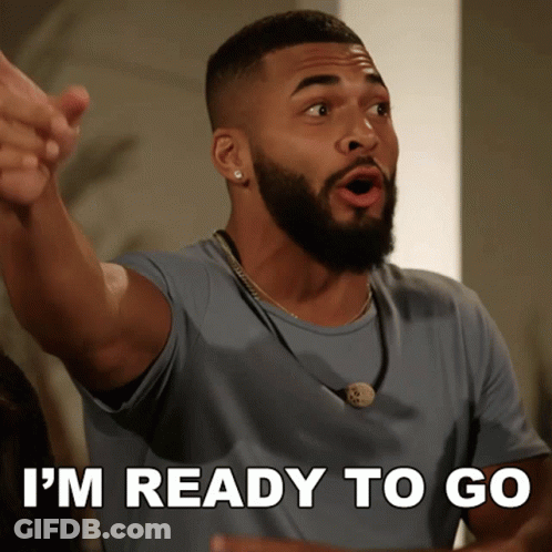 A Man Says I 'M Ready To Go In A Blue Shirt GIF