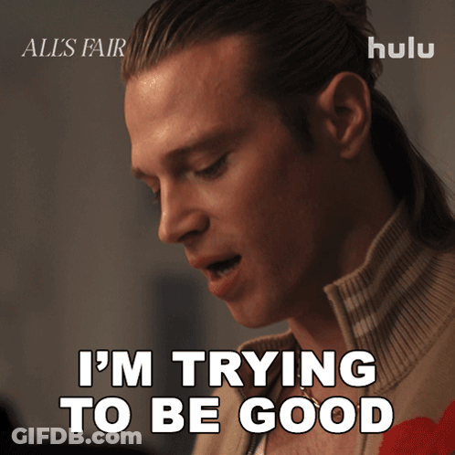 A Man Says " I 'M Trying To Be Good " In Front Of A Hulu Logo GIF