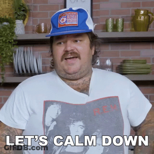 A Man Says Let 'S Calm Down While Wearing A Shirt That Says Rem GIF