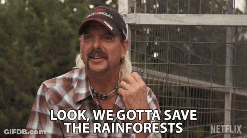 A Man Says Look We Gotta Save The Rainforests In Front Of A Fence GIF